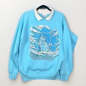 VTG Kitty Cat Lady Sweatshirt Sz XL Blue Grannycore Puffy Paint Collared 90s